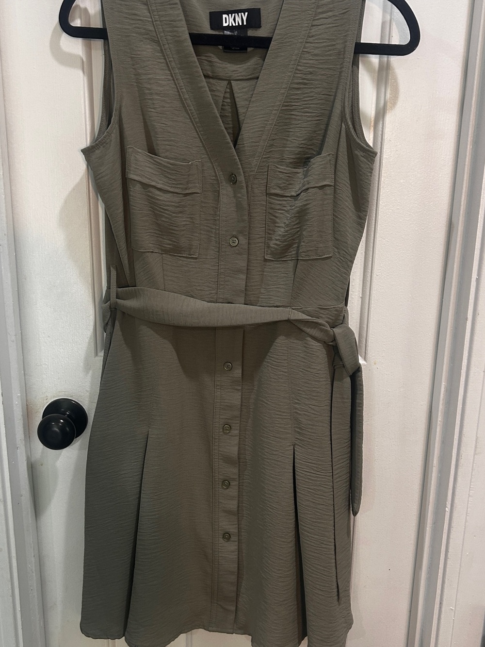 DKNY Neutral Capsule Button Front Pockets Top Sleeveless Midi/Knee Length Dress